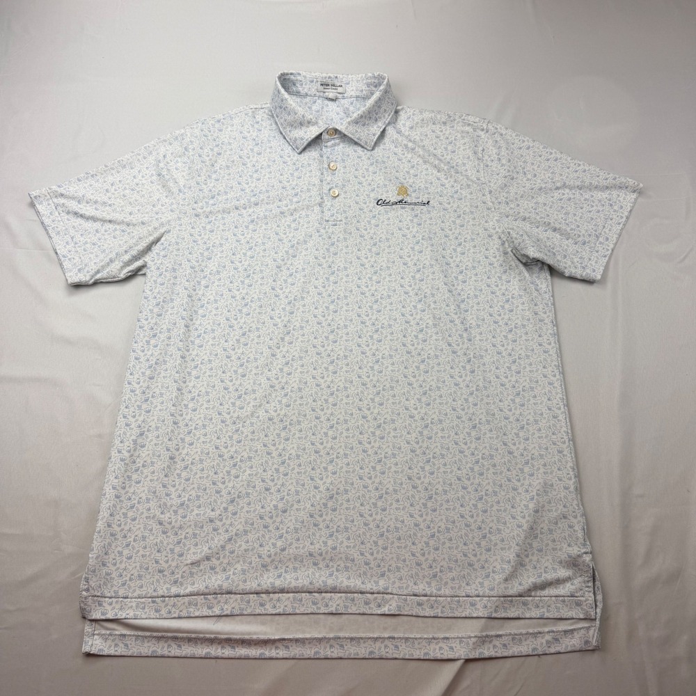 Peter Millar Polo Shirt Mens Large White Blue Skull Golf Old Memorial MF23EK19S